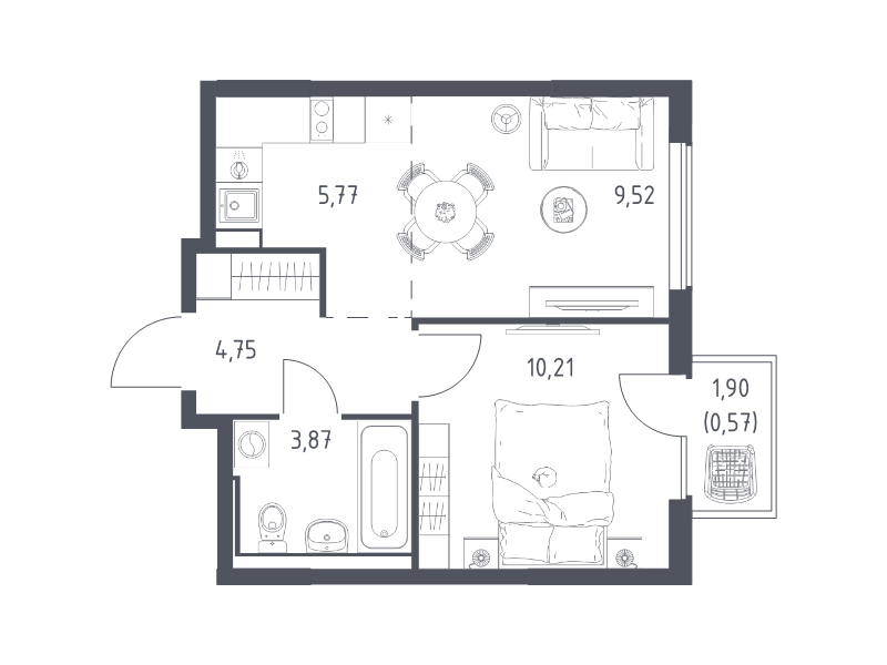 2 ккв (Евро) 34,7 м²