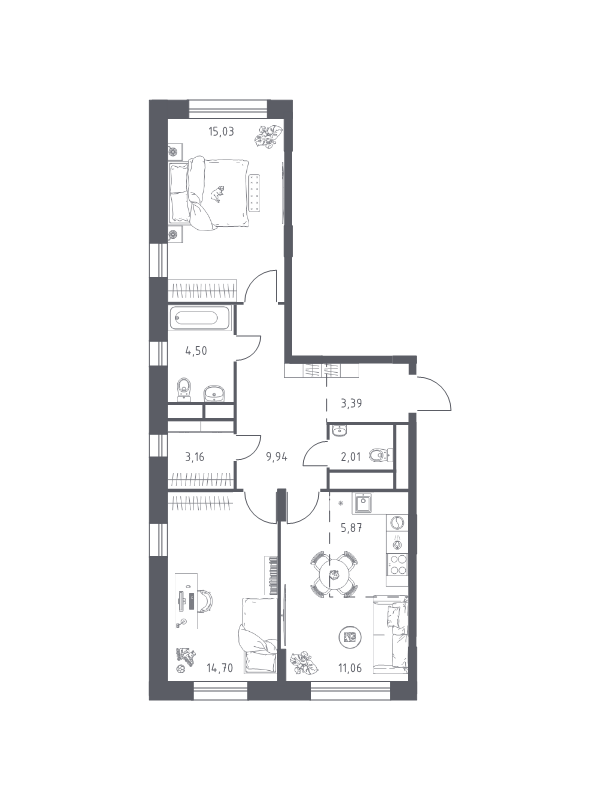 3 ккв (Евро) 68,6 м²