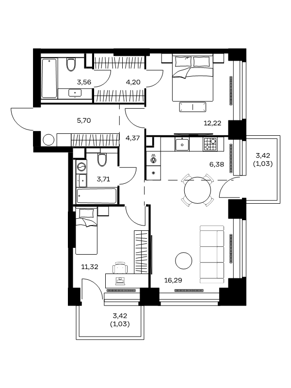 3 ккв (Евро) 69,8 м²