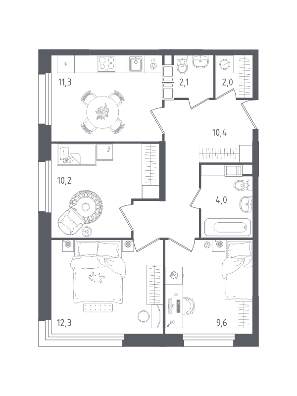 3 ккв 61,9 м²
