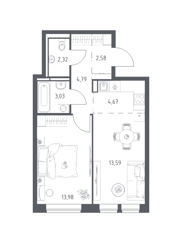 2 ккв (Евро) 45 м²