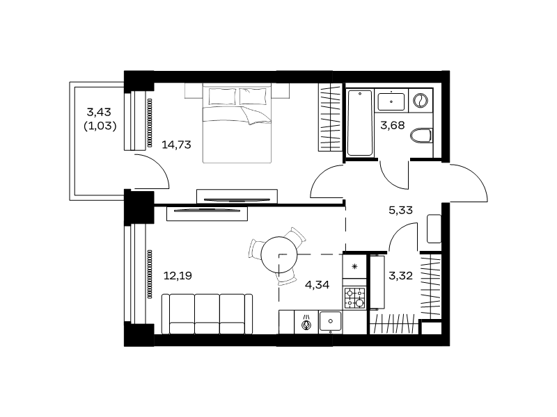 2 ккв (Евро) 44,6 м²