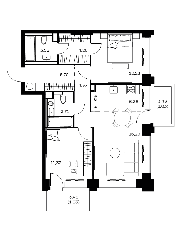 3 ккв (Евро) 69,8 м²
