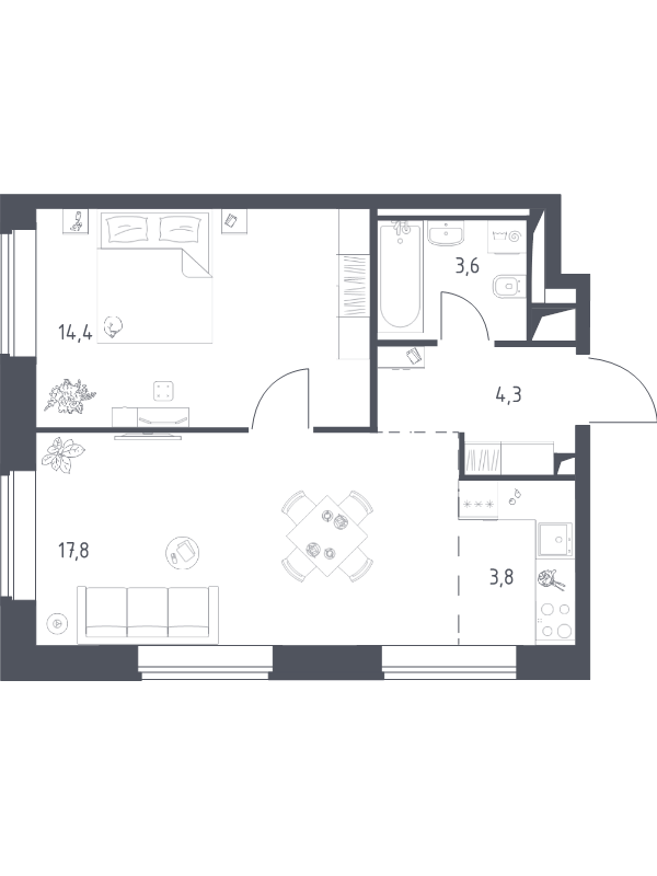 2 ккв (Евро) 43,9 м²