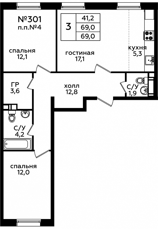3 ккв (Евро) 68,4 м²