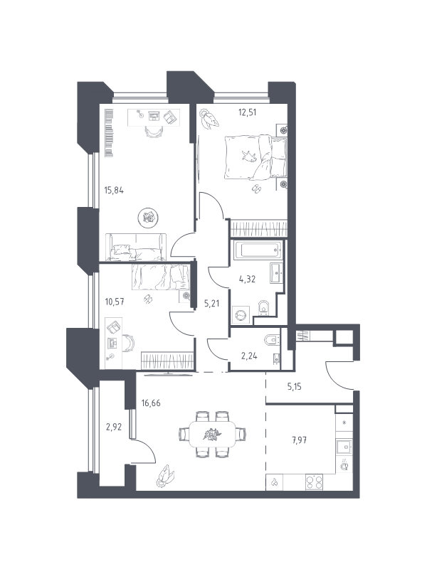 4 ккв (Евро) 83,4 м²