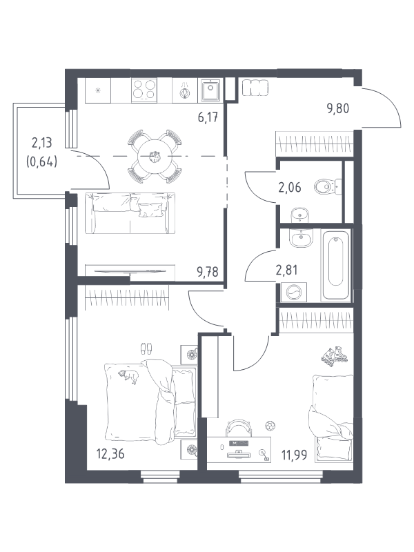 3 ккв (Евро) 55,6 м²
