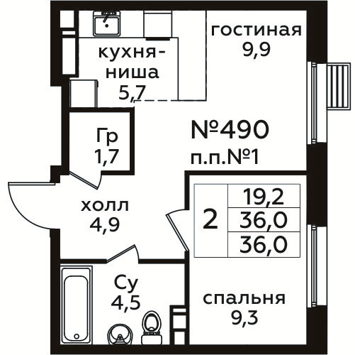 2 ккв (Евро) 36 м²