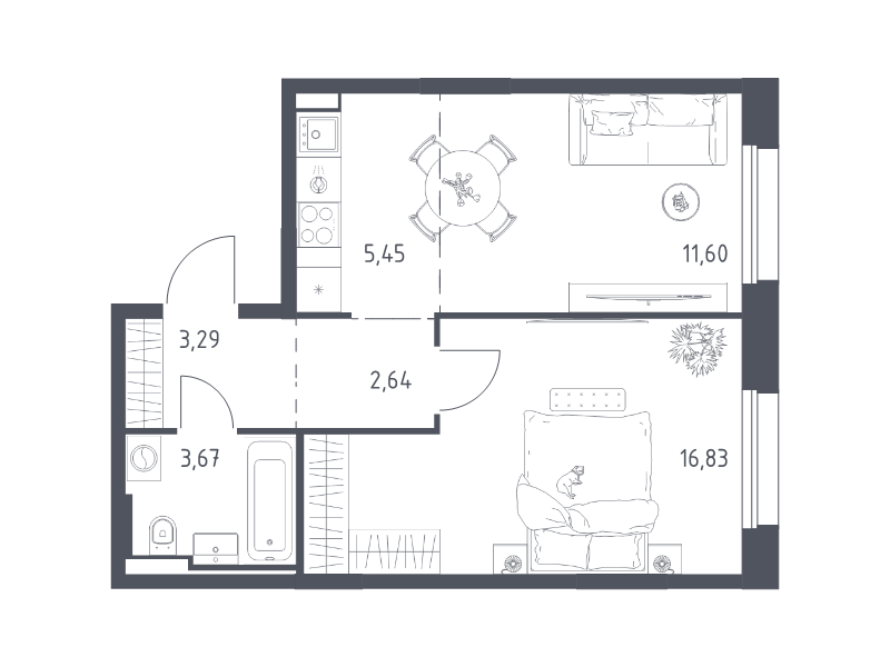 2 ккв (Евро) 43,5 м²