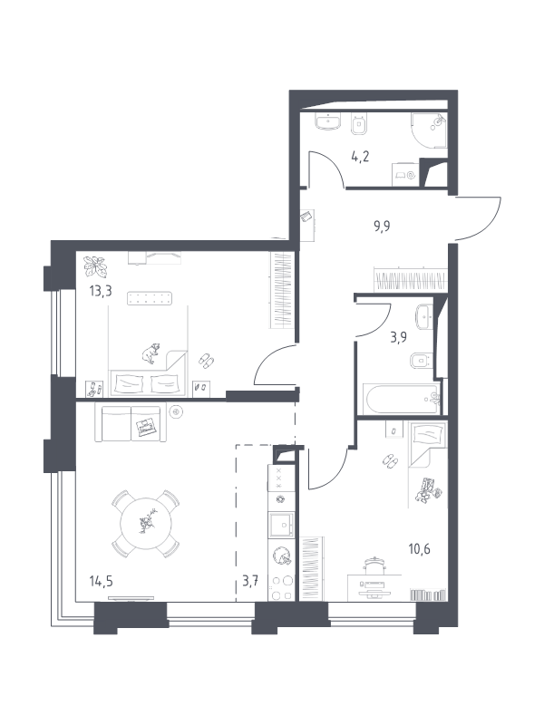 3 ккв (Евро) 59,9 м²
