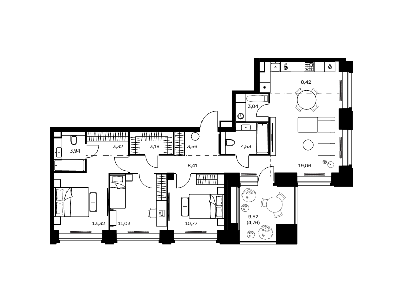 4 ккв (Евро) 97,4 м²