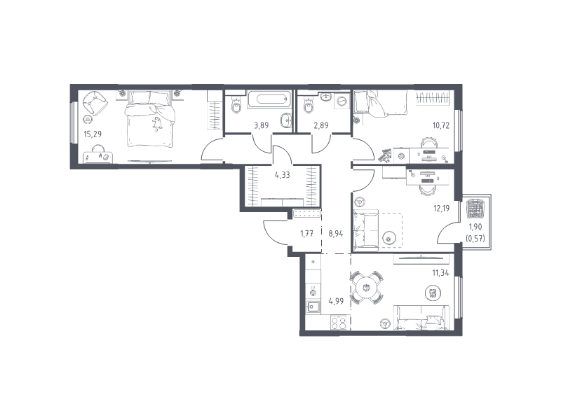 4 ккв (Евро) 76,9 м²