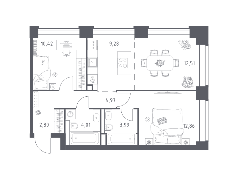 3 ккв (Евро) 60,8 м²