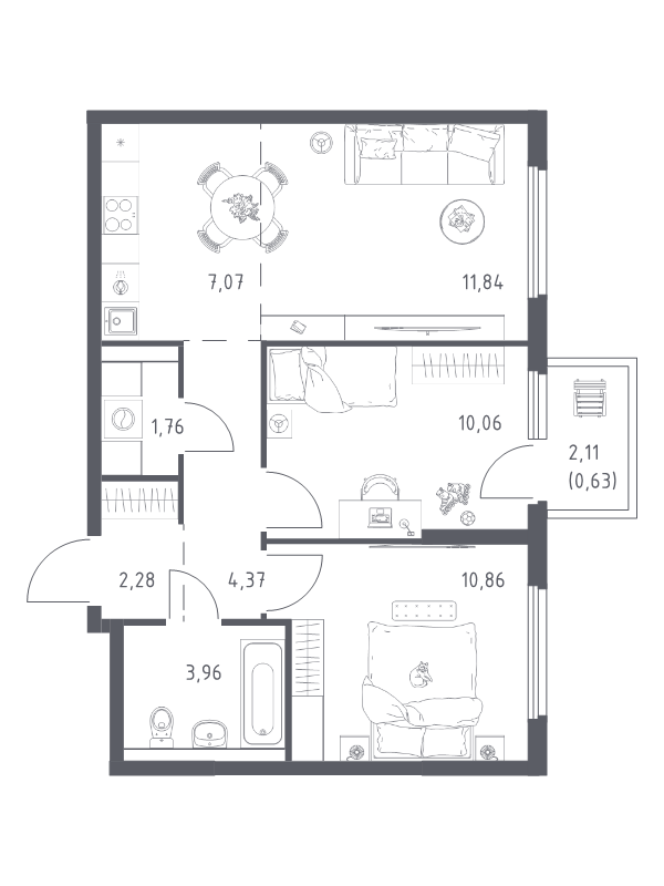 3 ккв (Евро) 52,8 м²