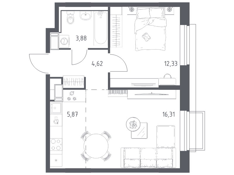 2 ккв (Евро) 43 м²