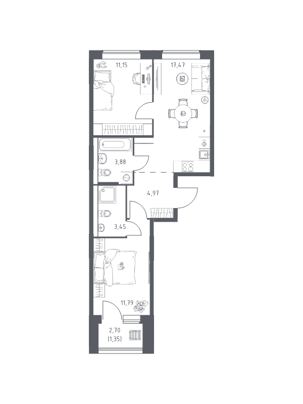 3 ккв (Евро) 54,1 м²