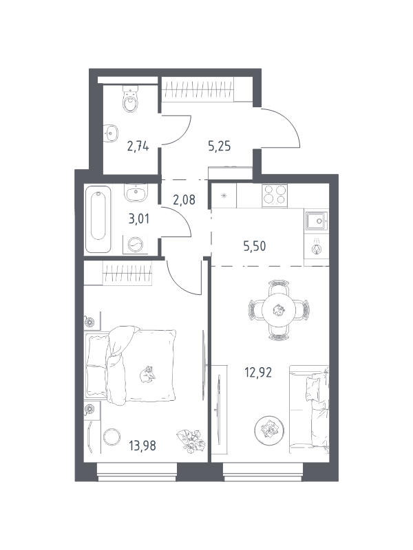 2 ккв (Евро) 45,5 м²