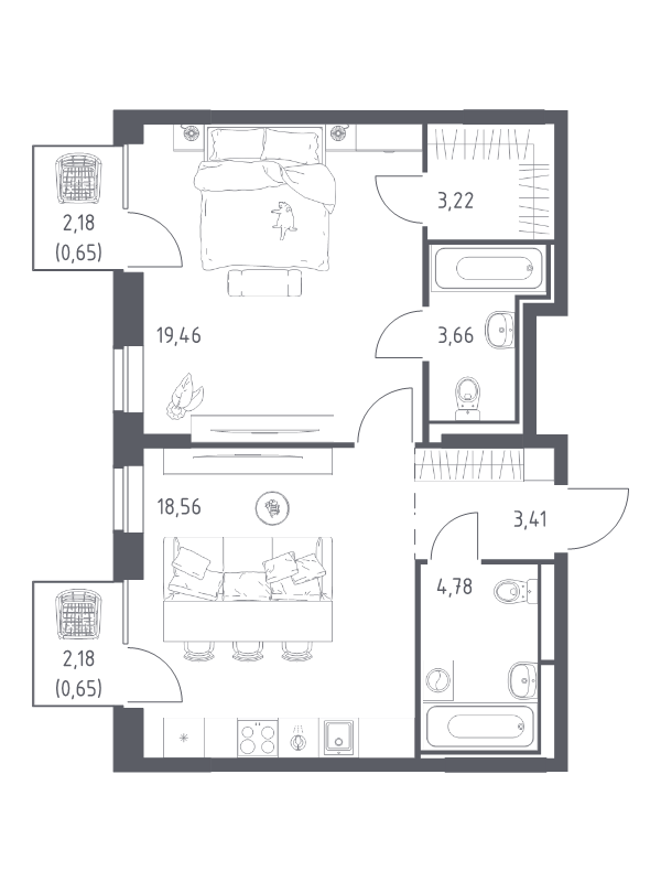 2 ккв (Евро) 54,4 м²
