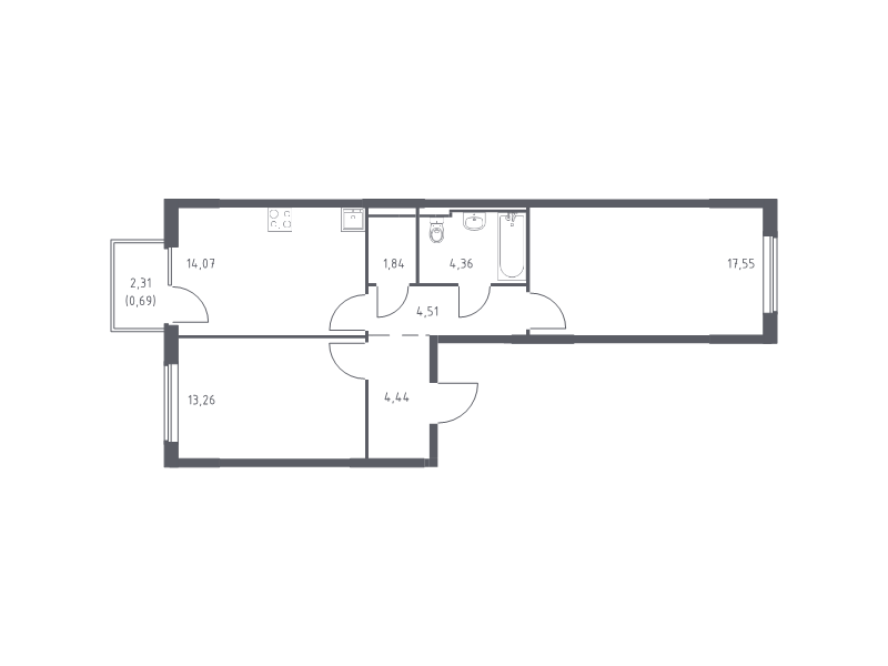 2 ккв 60,7 м²