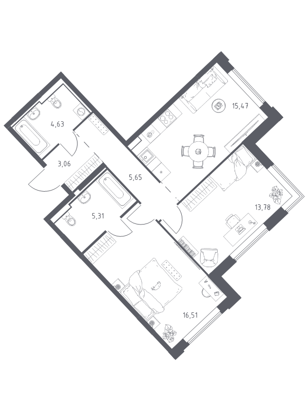 2 ккв (Евро) 64,4 м²