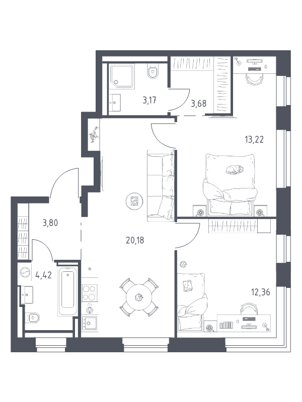 3 ккв (Евро) 60,8 м²