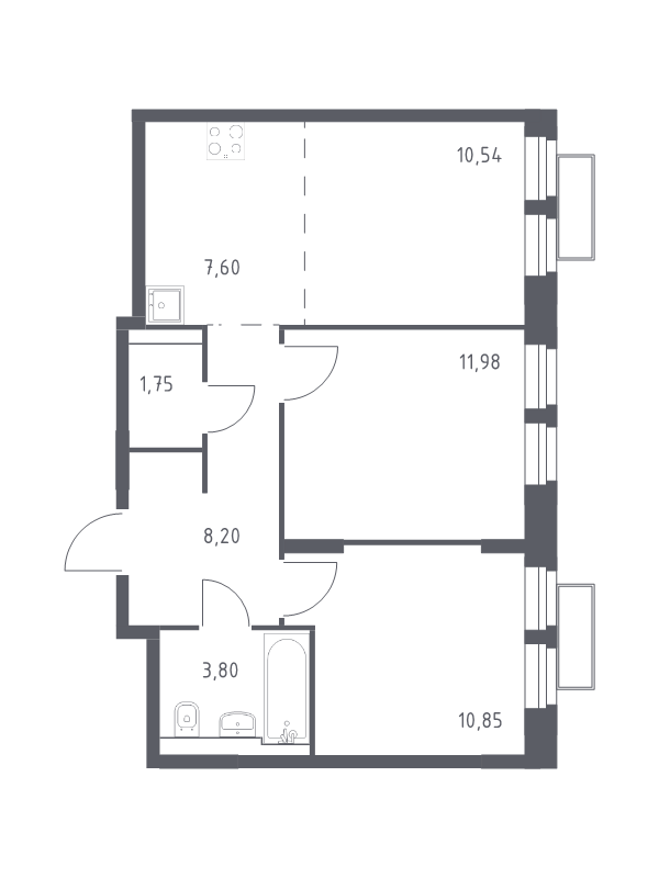 3 ккв (Евро) 55 м²