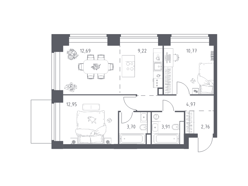 3 ккв (Евро) 61 м²