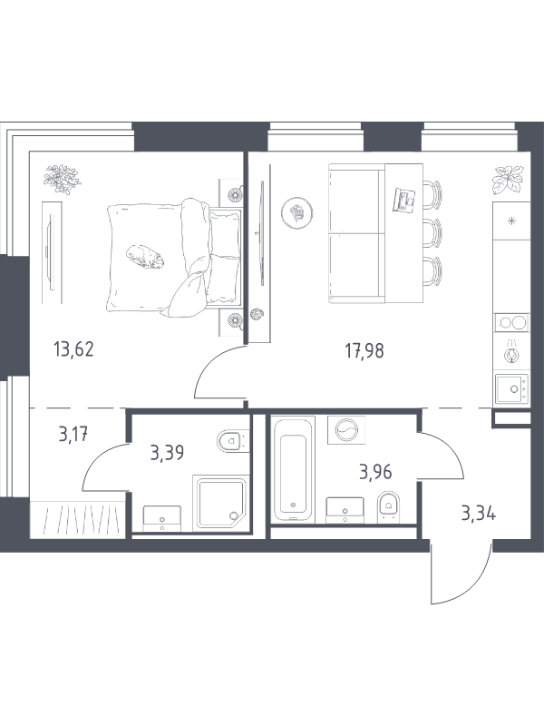 2 ккв (Евро) 45,5 м²