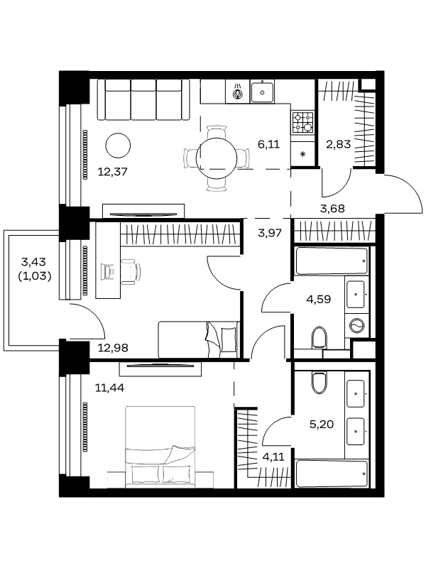 3 ккв (Евро) 68,3 м²