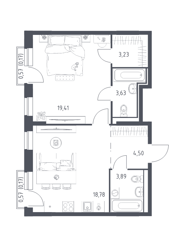 2 ккв (Евро) 53,8 м²