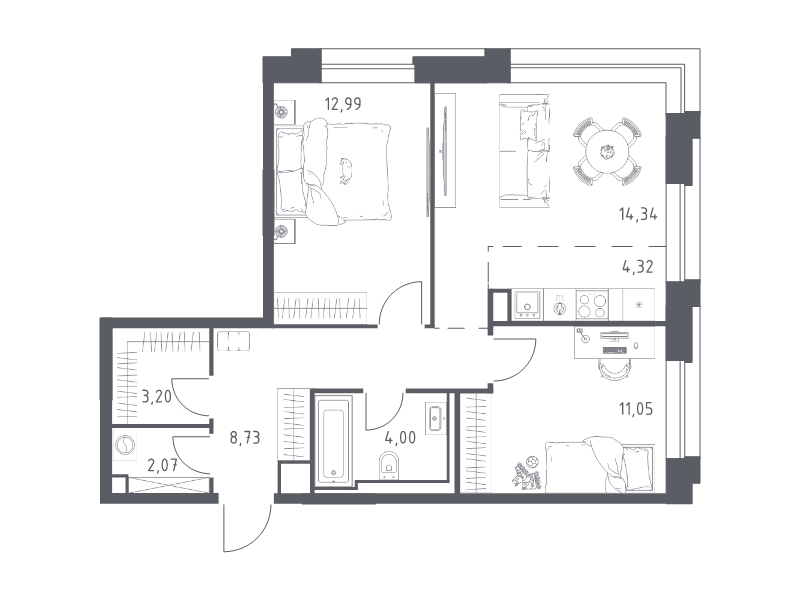 3 ккв (Евро) 60,7 м²