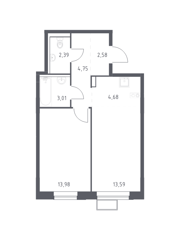 2 ккв (Евро) 45 м²