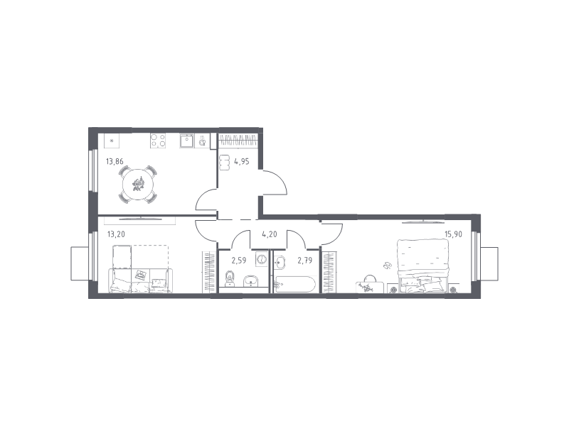 2 ккв 57,5 м²