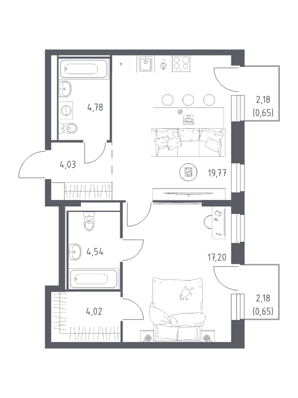 2 ккв (Евро) 55,6 м²
