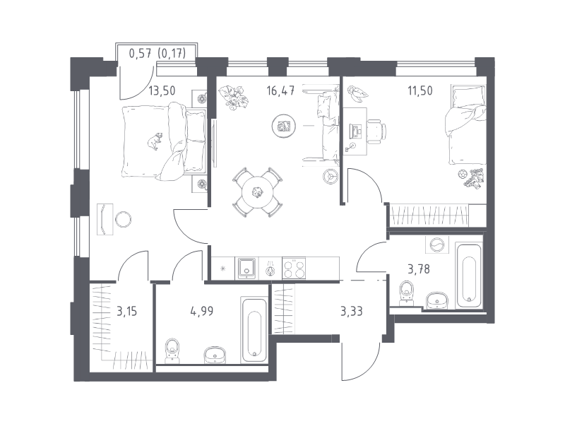 3 ккв (Евро) 56,9 м²