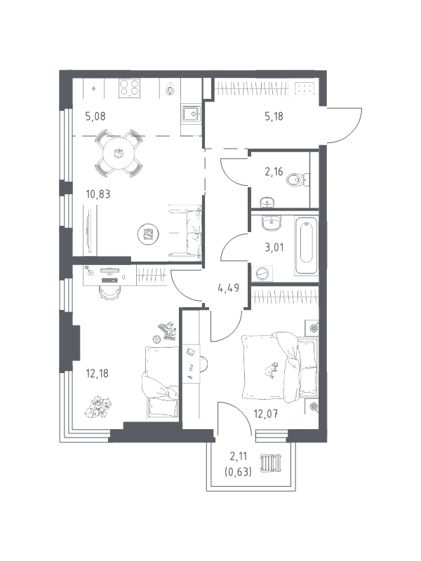 3 ккв (Евро) 55,6 м²