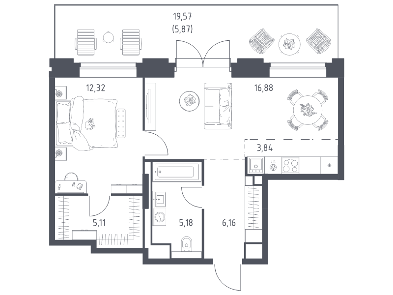 2 ккв (Евро) 55,4 м²