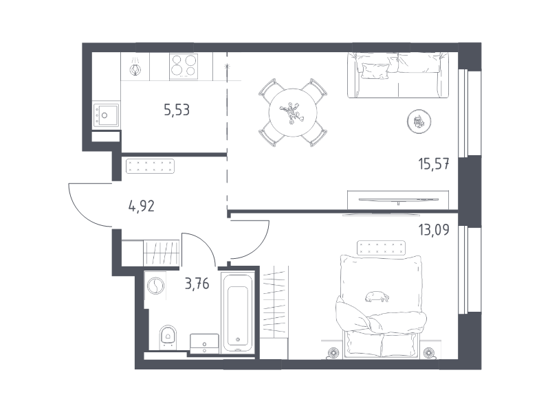 2 ккв (Евро) 42,9 м²