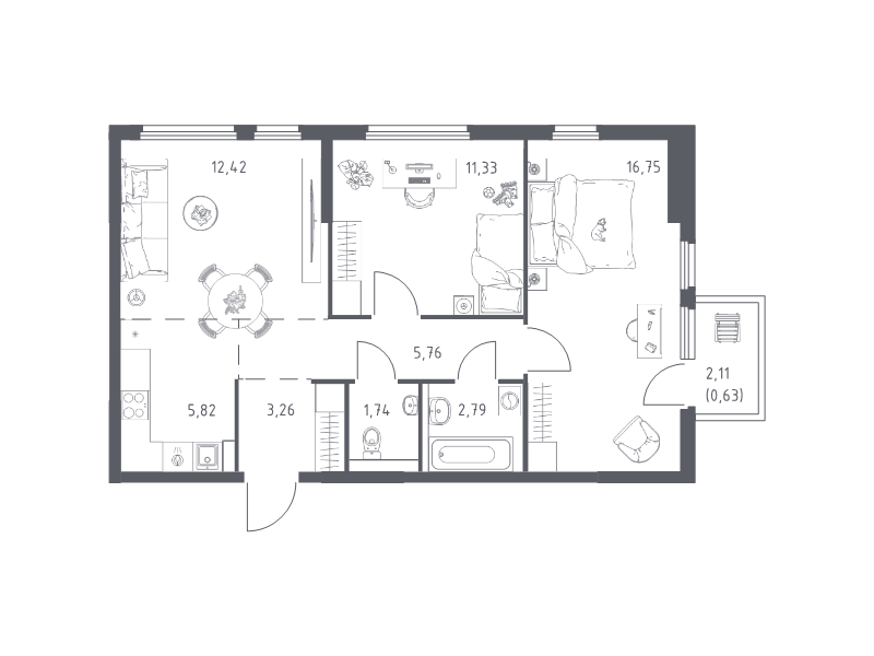 3 ккв (Евро) 60,5 м²