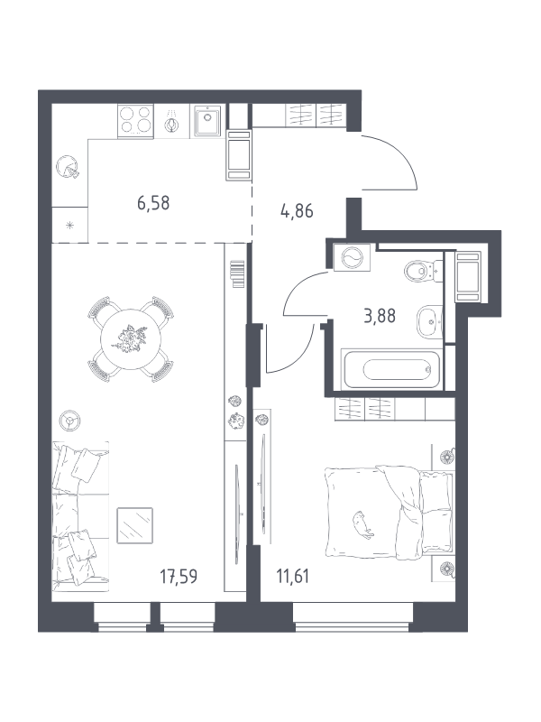 2 ккв (Евро) 44,5 м²