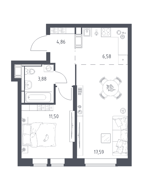 2 ккв (Евро) 44,4 м²