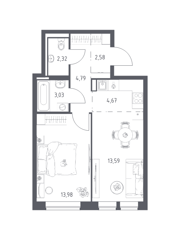 2 ккв (Евро) 45 м²