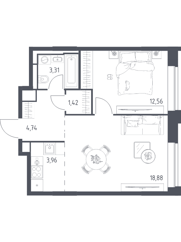 2 ккв (Евро) 44,9 м²