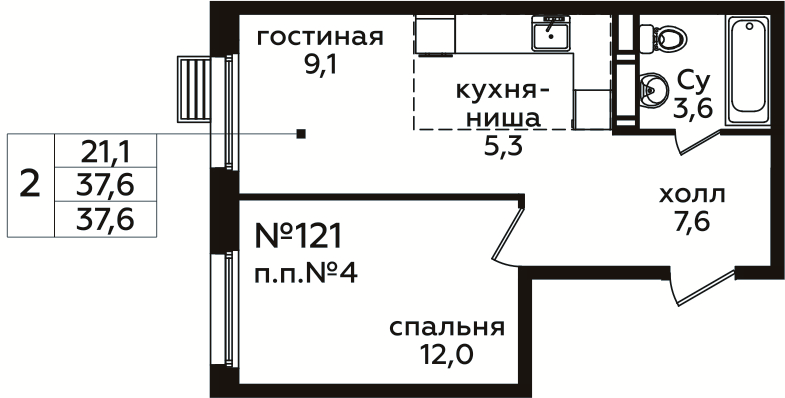 2 ккв (Евро) 37,6 м²