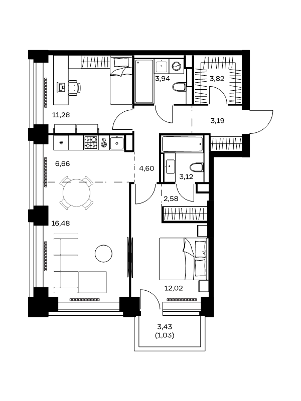 3 ккв (Евро) 68,7 м²