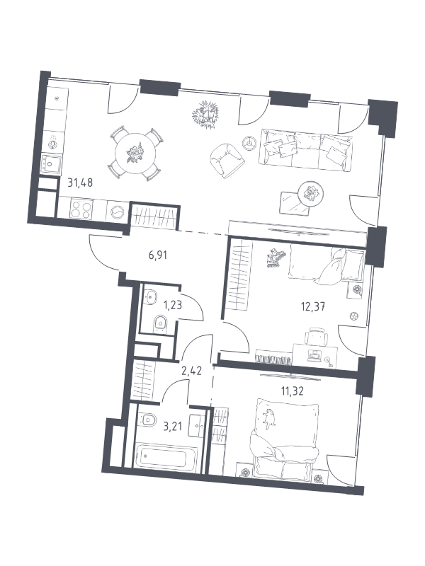 3 ккв (Евро) 68,9 м²