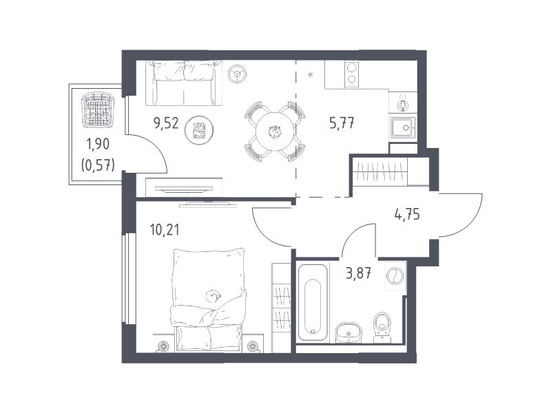 2 ккв (Евро) 34,7 м²