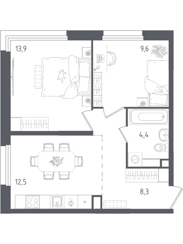 2 ккв 48,7 м²