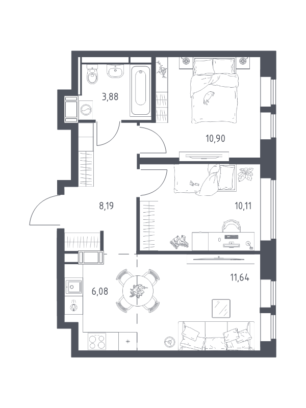 3 ккв (Евро) 50,8 м²