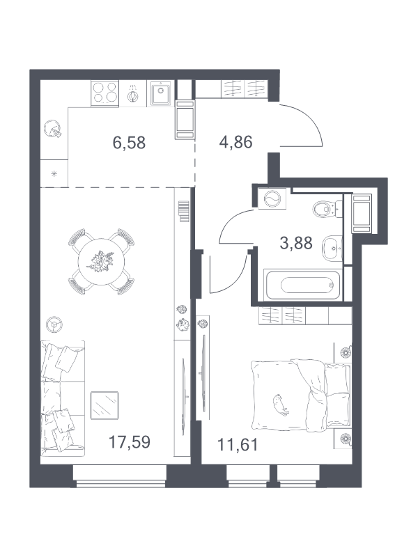 2 ккв (Евро) 44,5 м²